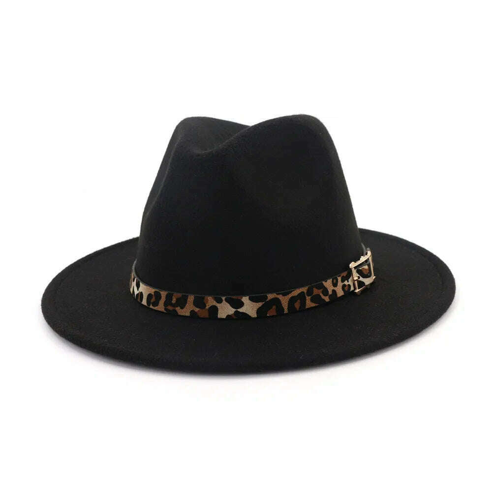 KIMLUD, Autumn Winter Fedora Hats For Men Women Leopard Belt Imitation Woolen Felt Hat Big Brim Jazz Cap Church Godfather Sombrero Caps, KIMLUD Womens Clothes