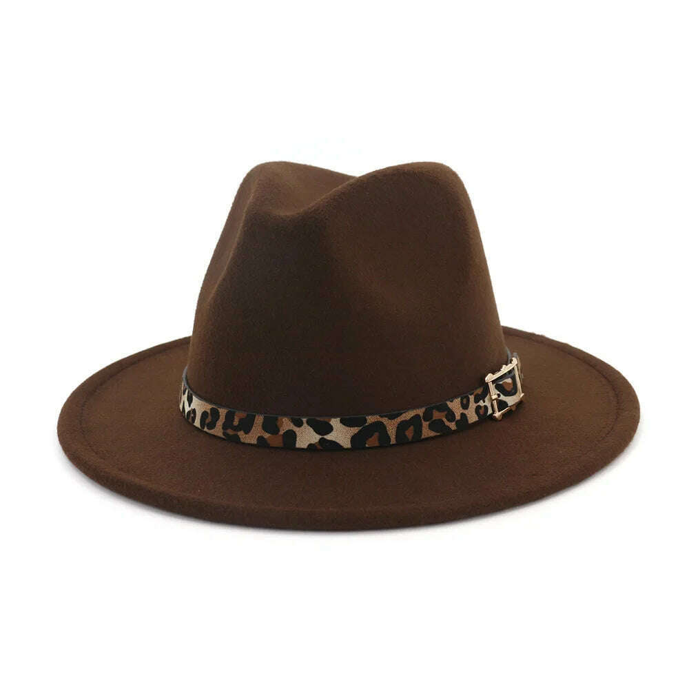 KIMLUD, Autumn Winter Fedora Hats For Men Women Leopard Belt Imitation Woolen Felt Hat Big Brim Jazz Cap Church Godfather Sombrero Caps, Brown, KIMLUD Womens Clothes