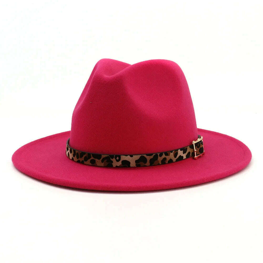 KIMLUD, Autumn Winter Fedora Hats For Men Women Leopard Belt Imitation Woolen Felt Hat Big Brim Jazz Cap Church Godfather Sombrero Caps, rose Red, KIMLUD Womens Clothes