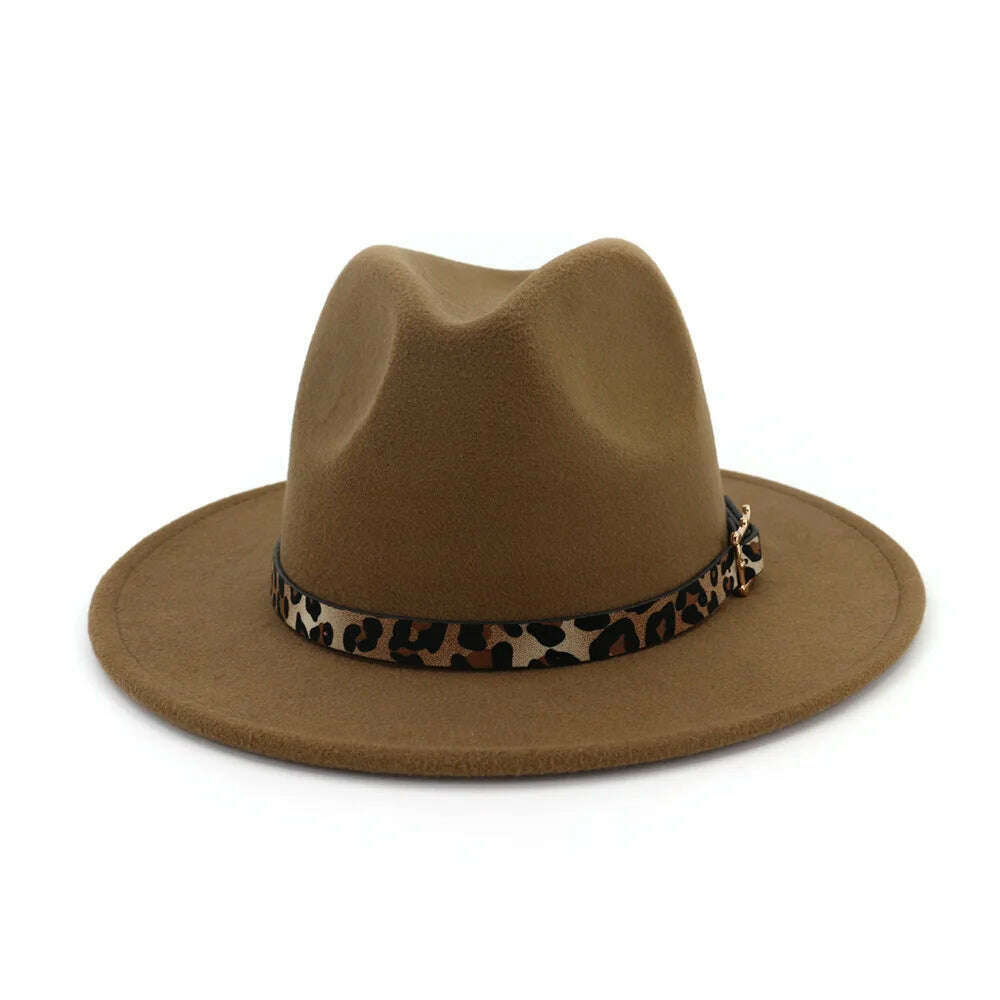 KIMLUD, Autumn Winter Fedora Hats For Men Women Leopard Belt Imitation Woolen Felt Hat Big Brim Jazz Cap Church Godfather Sombrero Caps, Khaki, KIMLUD Womens Clothes