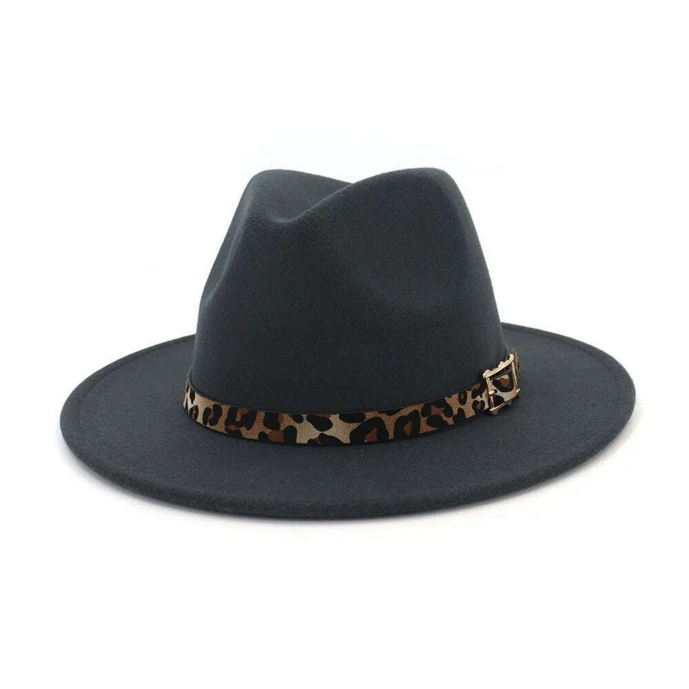 KIMLUD, Autumn Winter Fedora Hats For Men Women Leopard Belt Imitation Woolen Felt Hat Big Brim Jazz Cap Church Godfather Sombrero Caps, Dark Grey, KIMLUD Womens Clothes