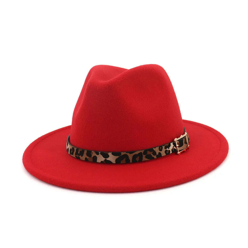 KIMLUD, Autumn Winter Fedora Hats For Men Women Leopard Belt Imitation Woolen Felt Hat Big Brim Jazz Cap Church Godfather Sombrero Caps, Red, KIMLUD Womens Clothes
