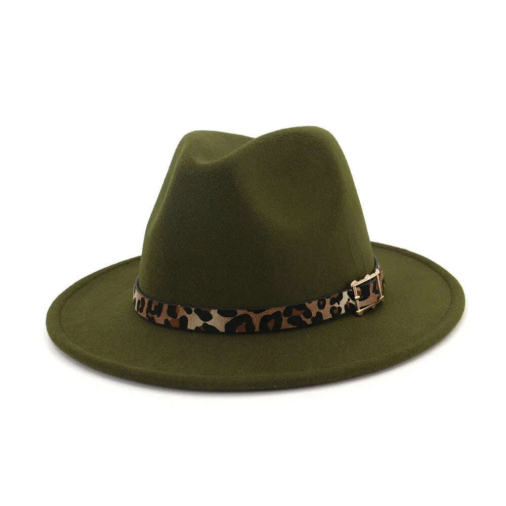 KIMLUD, Autumn Winter Fedora Hats For Men Women Leopard Belt Imitation Woolen Felt Hat Big Brim Jazz Cap Church Godfather Sombrero Caps, army green, KIMLUD Womens Clothes