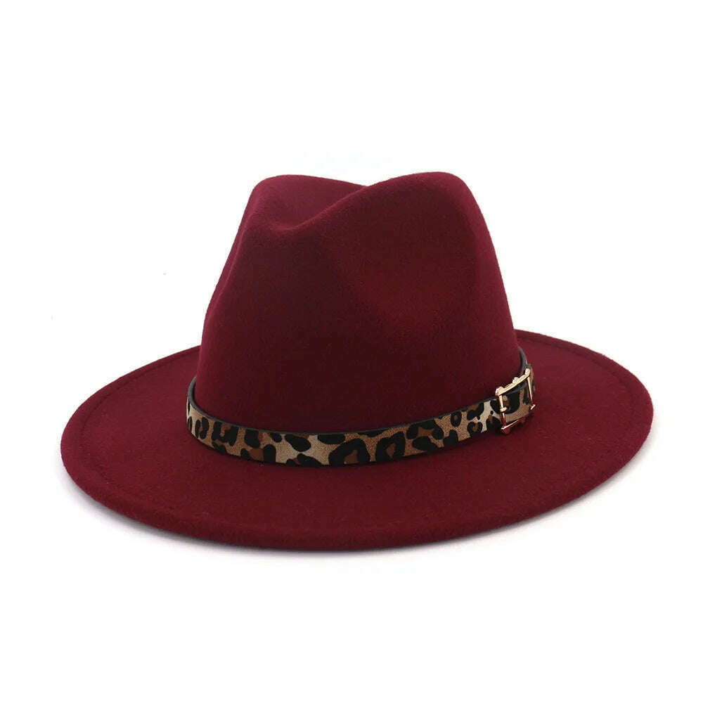 KIMLUD, Autumn Winter Fedora Hats For Men Women Leopard Belt Imitation Woolen Felt Hat Big Brim Jazz Cap Church Godfather Sombrero Caps, Red wine, KIMLUD Womens Clothes