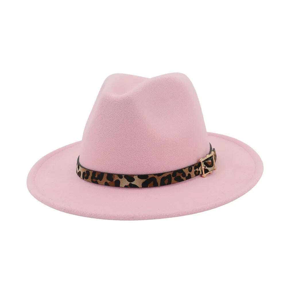 KIMLUD, Autumn Winter Fedora Hats For Men Women Leopard Belt Imitation Woolen Felt Hat Big Brim Jazz Cap Church Godfather Sombrero Caps, Pink, KIMLUD Womens Clothes