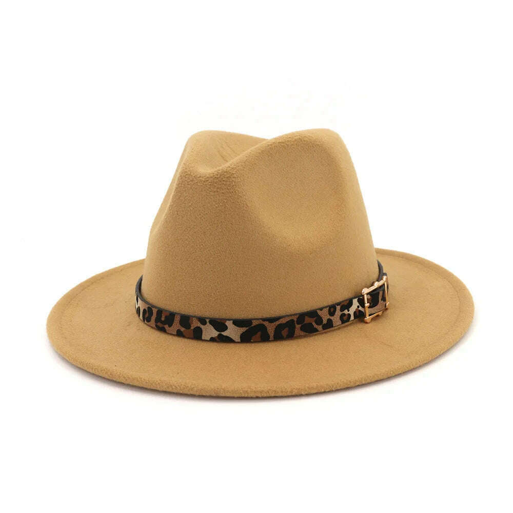 KIMLUD, Autumn Winter Fedora Hats For Men Women Leopard Belt Imitation Woolen Felt Hat Big Brim Jazz Cap Church Godfather Sombrero Caps, Camel, KIMLUD Womens Clothes
