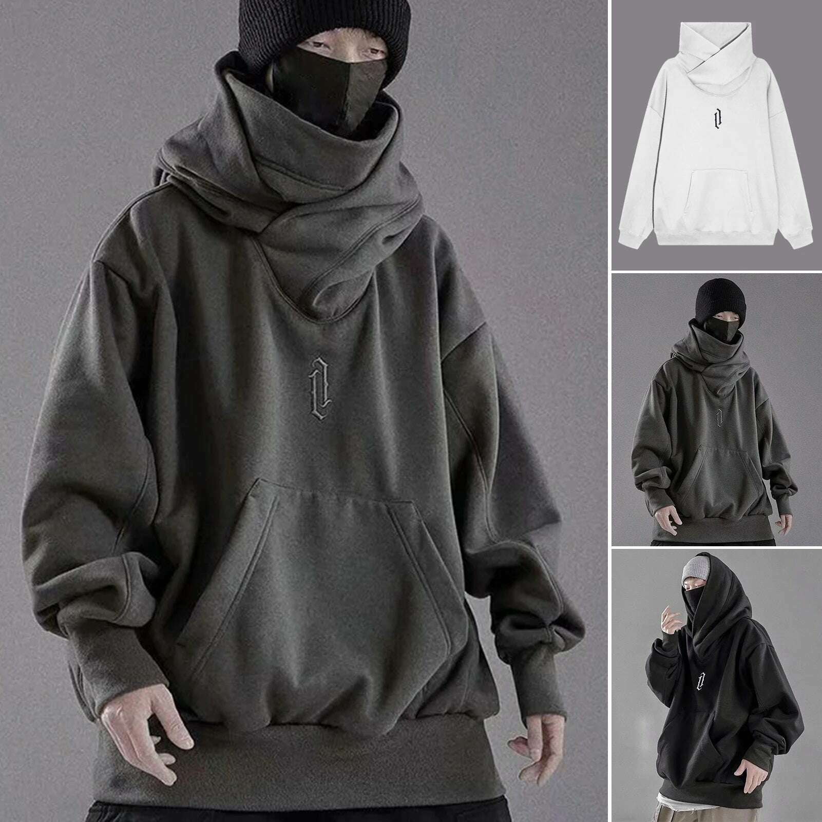 Autumn Winter High Collar Hoodie Pullover Loose Men Coat Tops Harajuku Hiphop Gothic Outwear Streetwear Fleece Hooded Sweatshirt - KIMLUD