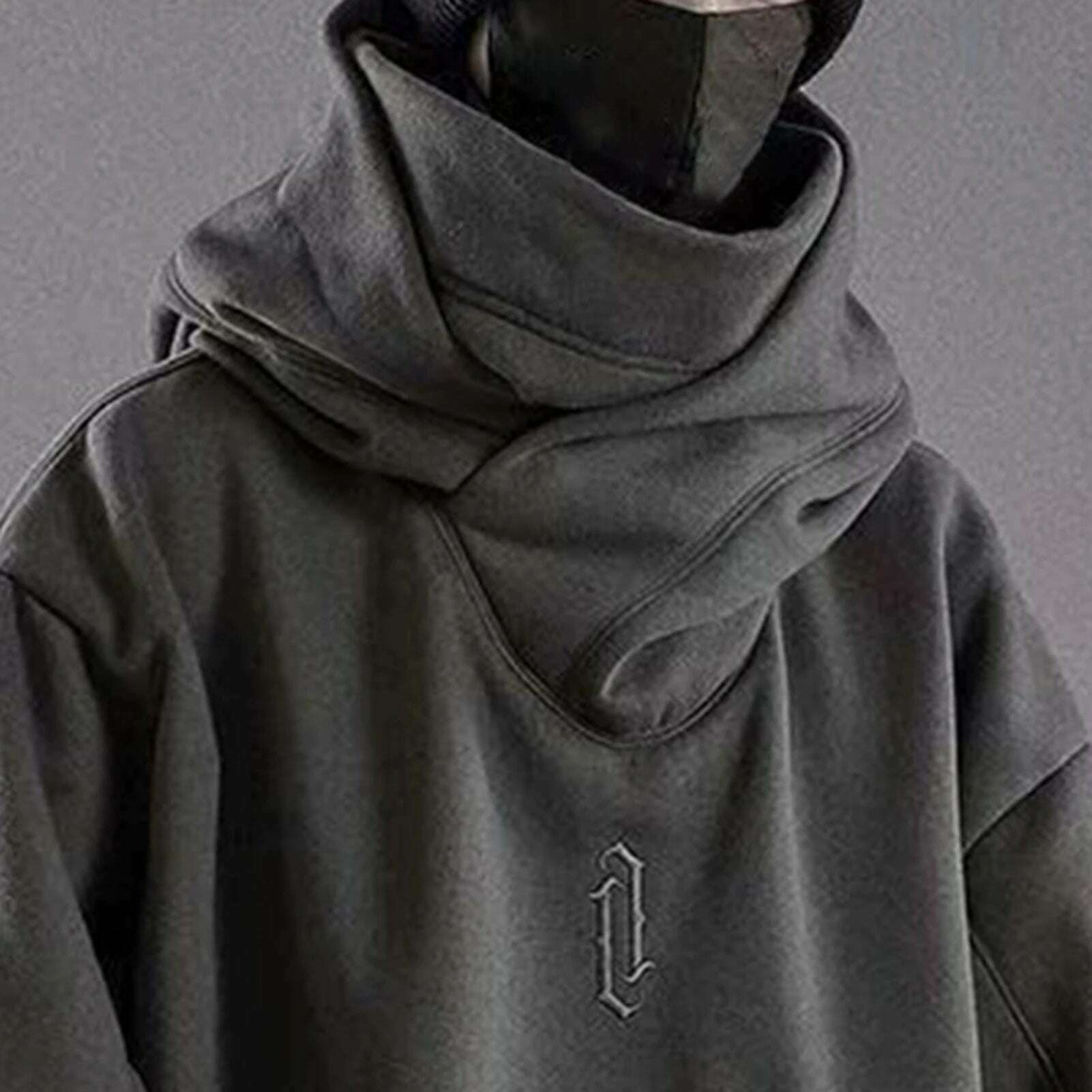Autumn Winter High Collar Hoodie Pullover Loose Men Coat Tops Harajuku Hiphop Gothic Outwear Streetwear Fleece Hooded Sweatshirt - KIMLUD