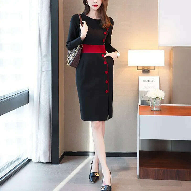 KIMLUD, Autumn Winter High Waist Buttons Bodycon Dress Women Elegant Fashion Evening Dresses Ladies Temperament Robe Vestido De Fiesta, KIMLUD Womens Clothes