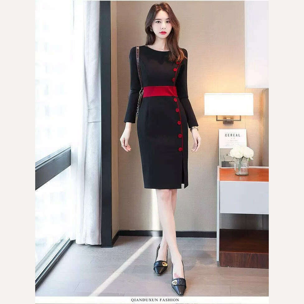 KIMLUD, Autumn Winter High Waist Buttons Bodycon Dress Women Elegant Fashion Evening Dresses Ladies Temperament Robe Vestido De Fiesta, KIMLUD Womens Clothes