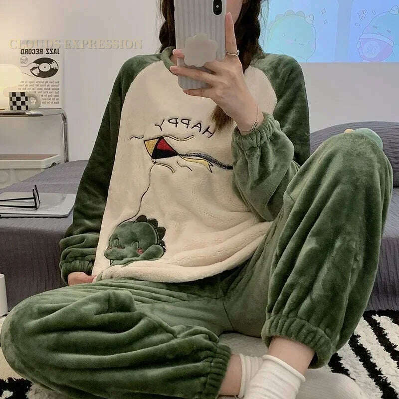 KIMLUD, Autumn Winter Kawaii Cartoon Pajama Sets Women Pyjamas Plaid Flannel Loung Sleepwear Girl Pijama Mujer Night Suits Homewear PJ, KIMLUD Womens Clothes