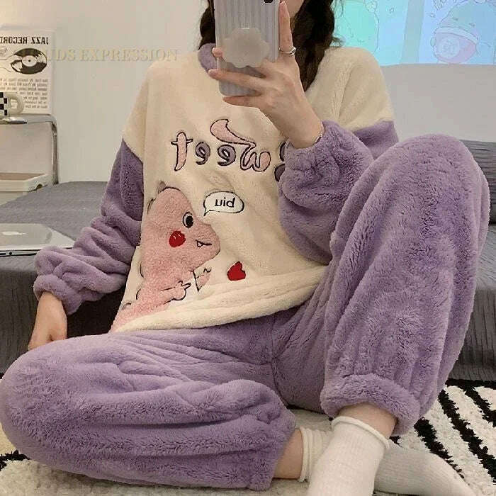 KIMLUD, Autumn Winter Kawaii Cartoon Pajama Sets Women Pyjamas Plaid Flannel Loung Sleepwear Girl Pijama Mujer Night Suits Homewear PJ, KIMLUD Womens Clothes