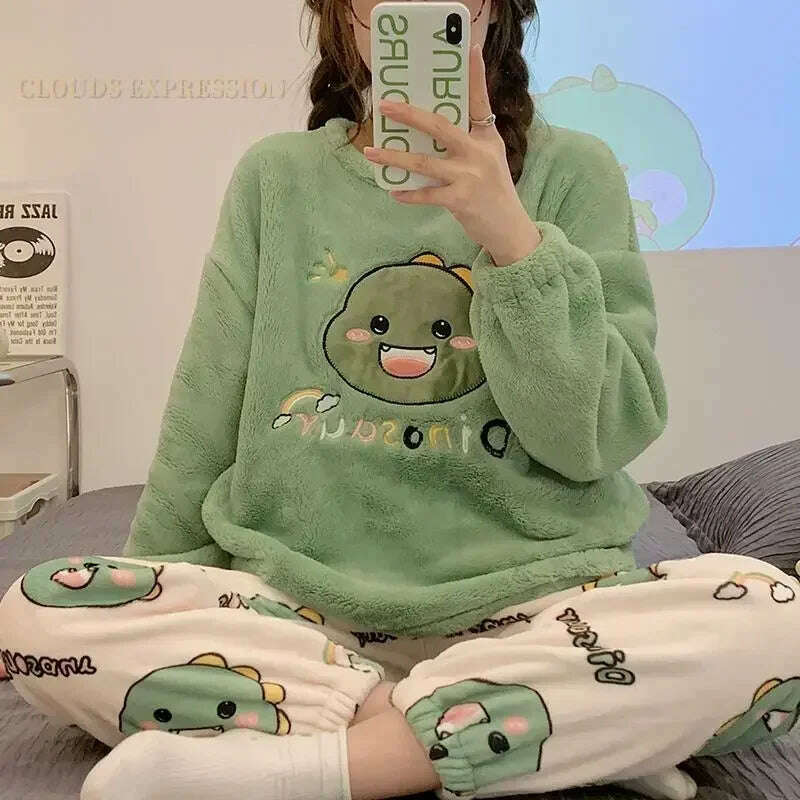 KIMLUD, Autumn Winter Kawaii Cartoon Pajama Sets Women Pyjamas Plaid Flannel Loung Sleepwear Girl Pijama Mujer Night Suits Homewear PJ, KIMLUD Womens Clothes