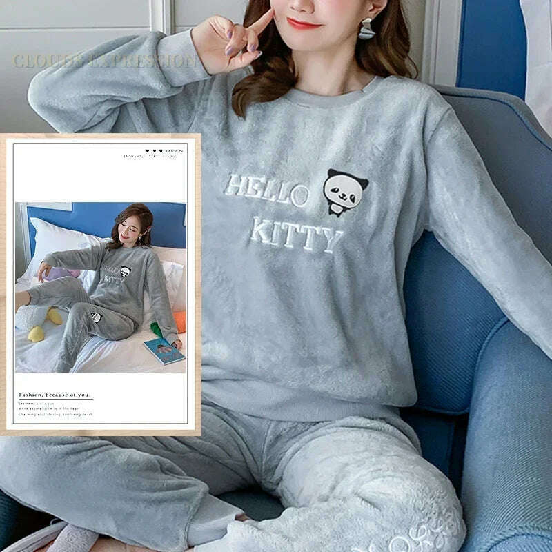 KIMLUD, Autumn Winter Kawaii Cartoon Pajama Sets Women Pyjamas Plaid Flannel Loung Sleepwear Girl Pijama Mujer Night Suits Homewear PJ, KIMLUD Womens Clothes