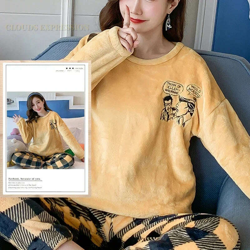 KIMLUD, Autumn Winter Kawaii Cartoon Pajama Sets Women Pyjamas Plaid Flannel Loung Sleepwear Girl Pijama Mujer Night Suits Homewear PJ, KIMLUD Womens Clothes