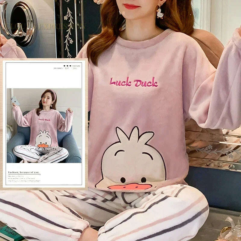 KIMLUD, Autumn Winter Kawaii Cartoon Pajama Sets Women Pyjamas Plaid Flannel Loung Sleepwear Girl Pijama Mujer Night Suits Homewear PJ, KIMLUD Womens Clothes