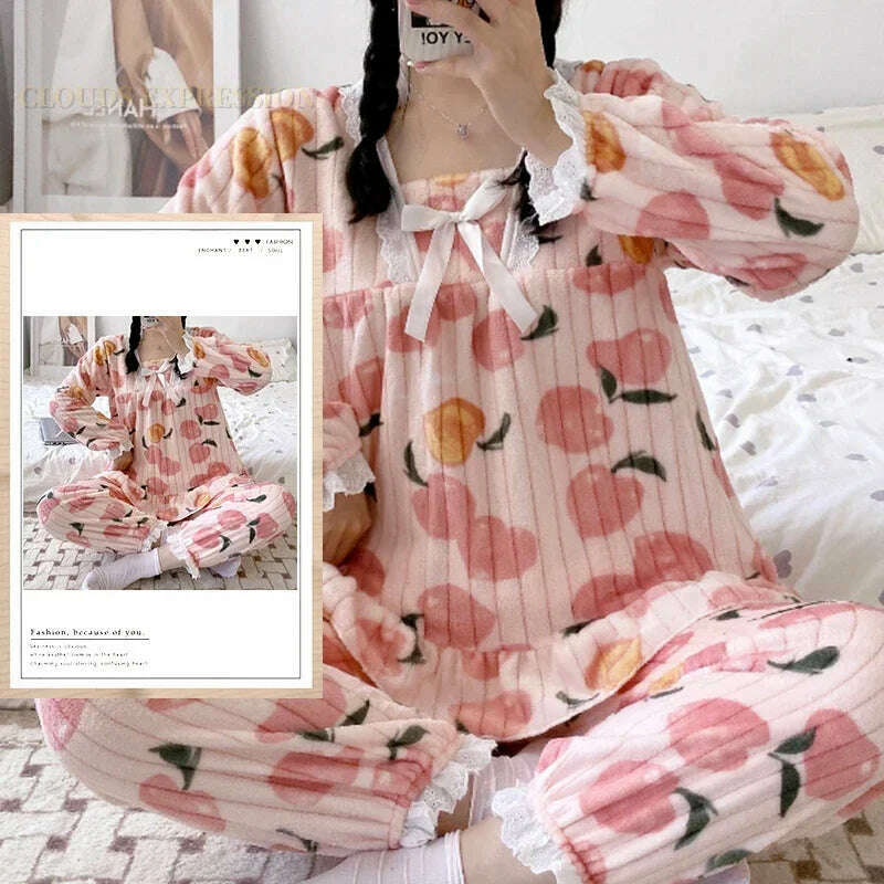 KIMLUD, Autumn Winter Kawaii Cartoon Pajama Sets Women Pyjamas Plaid Flannel Loung Sleepwear Girl Pijama Mujer Night Suits Homewear PJ, KIMLUD Womens Clothes