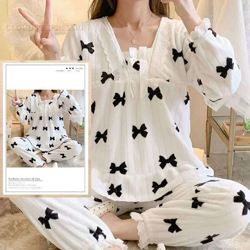 KIMLUD, Autumn Winter Kawaii Cartoon Pajama Sets Women Pyjamas Plaid Flannel Loung Sleepwear Girl Pijama Mujer Night Suits Homewear PJ, KIMLUD Womens Clothes