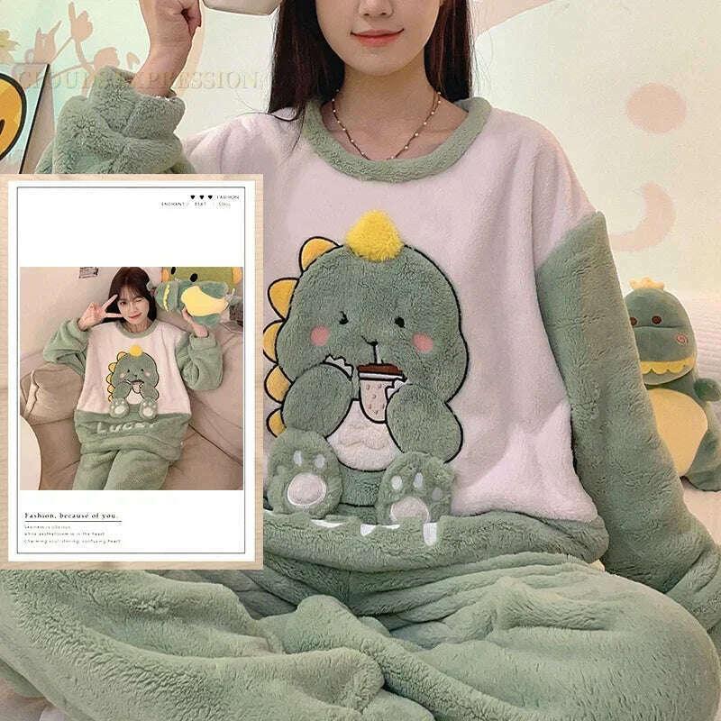 KIMLUD, Autumn Winter Kawaii Cartoon Pajama Sets Women Pyjamas Plaid Flannel Loung Sleepwear Girl Pijama Mujer Night Suits Homewear PJ, KIMLUD Womens Clothes