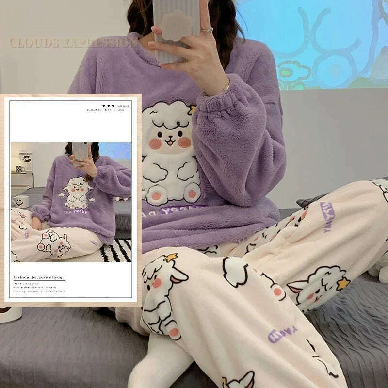 KIMLUD, Autumn Winter Kawaii Cartoon Pajama Sets Women Pyjamas Plaid Flannel Loung Sleepwear Girl Pijama Mujer Night Suits Homewear PJ, KIMLUD Womens Clothes