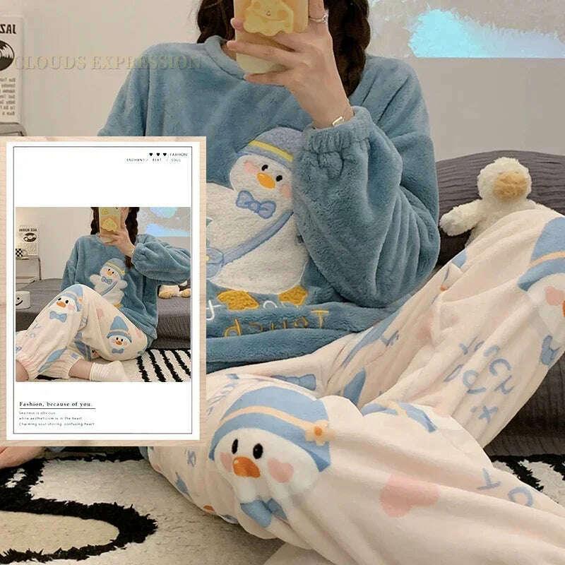 KIMLUD, Autumn Winter Kawaii Cartoon Pajama Sets Women Pyjamas Plaid Flannel Loung Sleepwear Girl Pijama Mujer Night Suits Homewear PJ, KIMLUD Womens Clothes