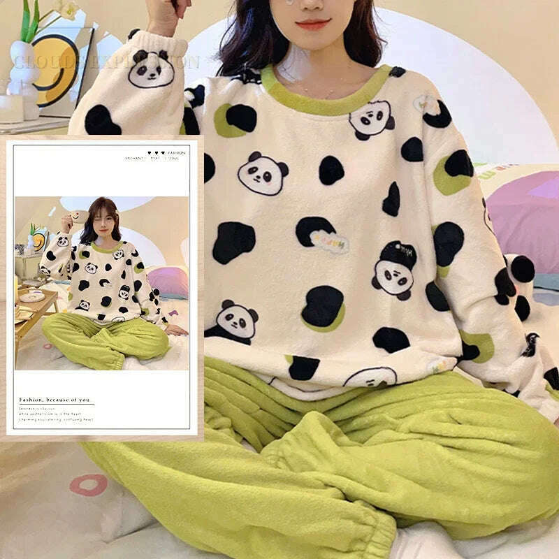 KIMLUD, Autumn Winter Kawaii Cartoon Pajama Sets Women Pyjamas Plaid Flannel Loung Sleepwear Girl Pijama Mujer Night Suits Homewear PJ, KIMLUD Womens Clothes