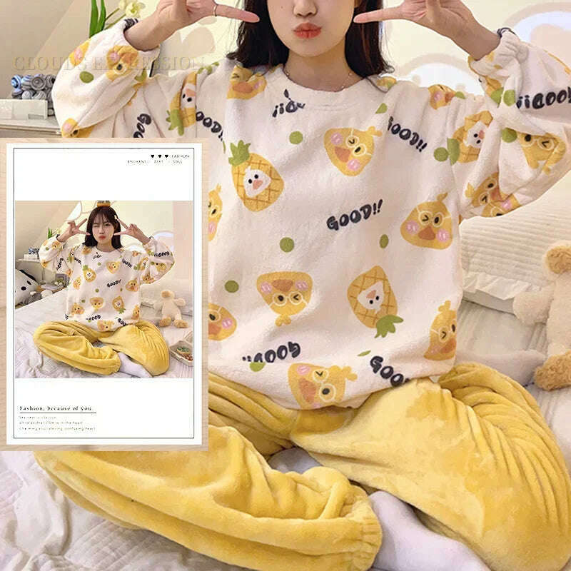 KIMLUD, Autumn Winter Kawaii Cartoon Pajama Sets Women Pyjamas Plaid Flannel Loung Sleepwear Girl Pijama Mujer Night Suits Homewear PJ, KIMLUD Womens Clothes