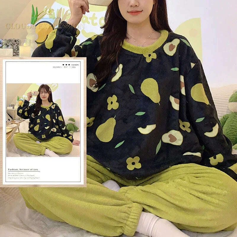 KIMLUD, Autumn Winter Kawaii Cartoon Pajama Sets Women Pyjamas Plaid Flannel Loung Sleepwear Girl Pijama Mujer Night Suits Homewear PJ, KIMLUD Womens Clothes