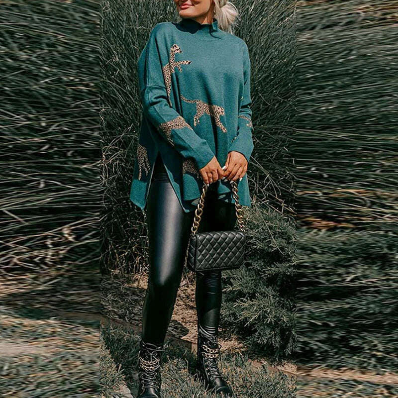 KIMLUD, Autumn Winter Leopard Print Sweatshirt Women Turtleneck Long Sleeve Loose Blouses For Women Casual Jumper, KIMLUD Womens Clothes