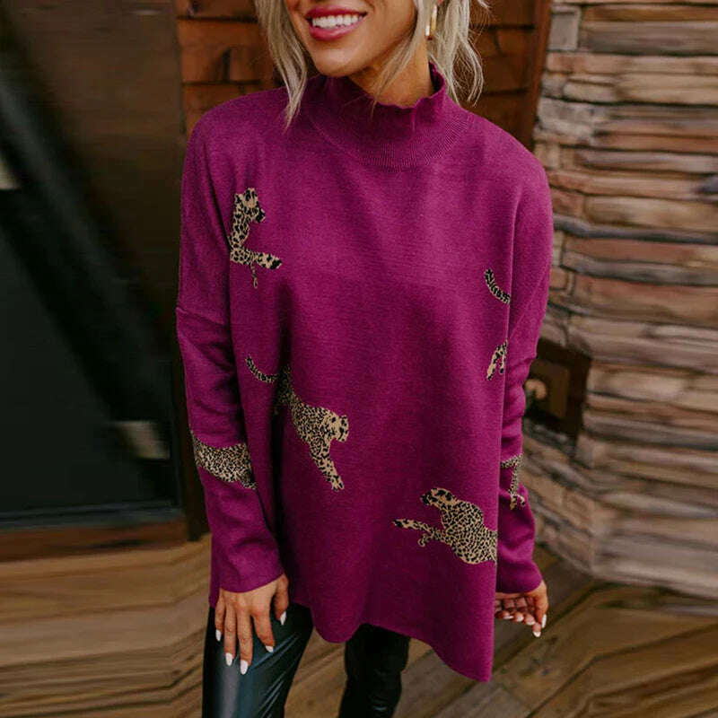 KIMLUD, Autumn Winter Leopard Print Sweatshirt Women Turtleneck Long Sleeve Loose Blouses For Women Casual Jumper, KIMLUD Womens Clothes