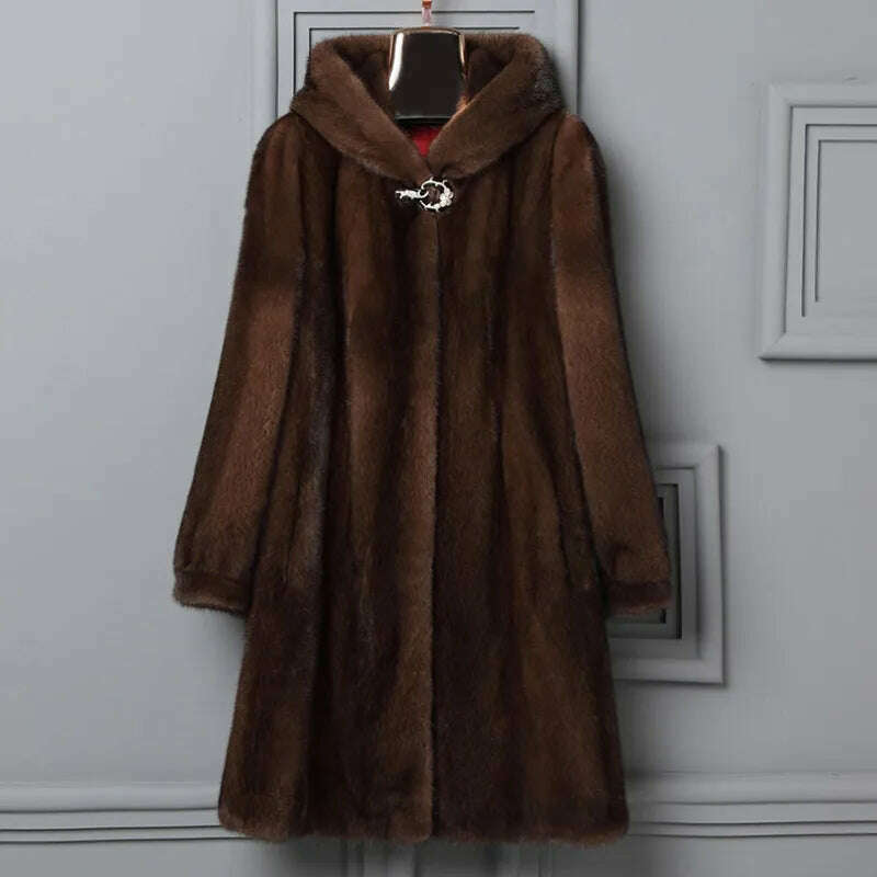 KIMLUD, Autumn Winter Long Warm Faux Fur Coat Women Imitation Mink Overcoat Female Soft Hooded Faux Mink Fur Parkas Jacket Plus Size 9XL, Brown / S, KIMLUD Womens Clothes