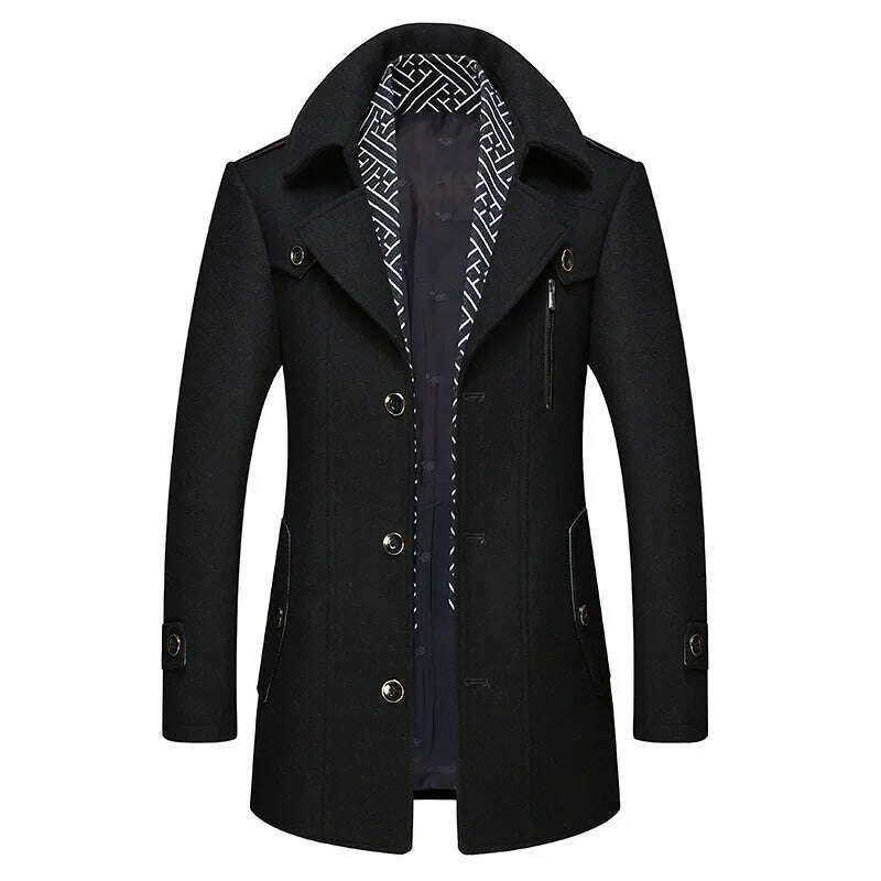 KIMLUD, Autumn Winter Mens Wool Trench Coats Fashion Middle Long Jacket Male Double Collar Zipper Coat Windbreak Woolen Overcoat, KIMLUD Womens Clothes