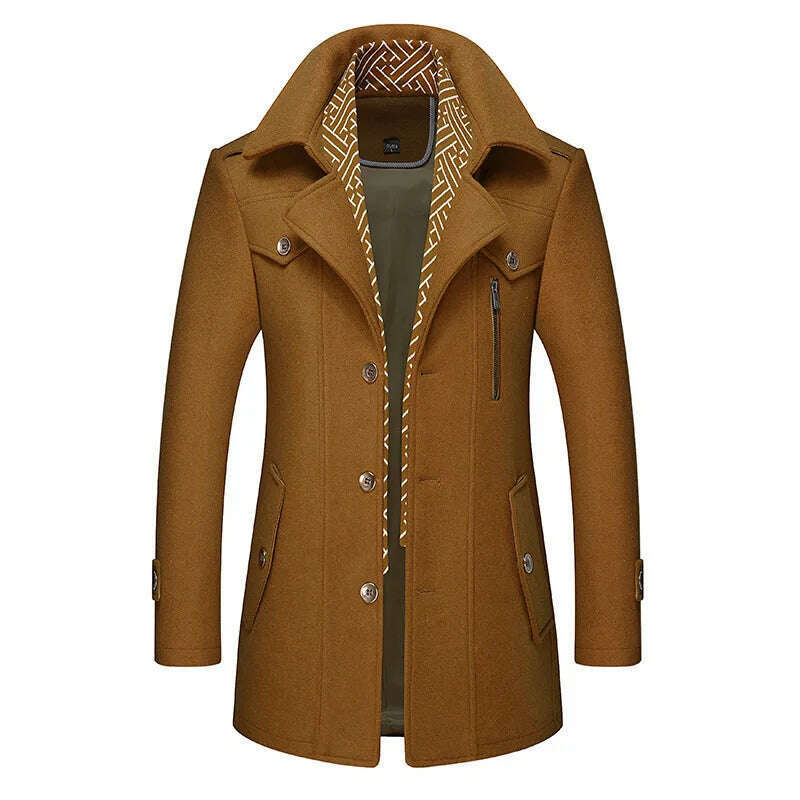 KIMLUD, Autumn Winter Mens Wool Trench Coats Fashion Middle Long Jacket Male Double Collar Zipper Coat Windbreak Woolen Overcoat, KIMLUD Womens Clothes