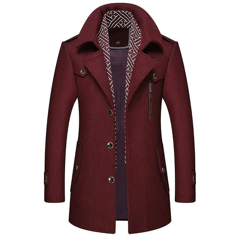 KIMLUD, Autumn Winter Mens Wool Trench Coats Fashion Middle Long Jacket Male Double Collar Zipper Coat Windbreak Woolen Overcoat, KIMLUD Womens Clothes