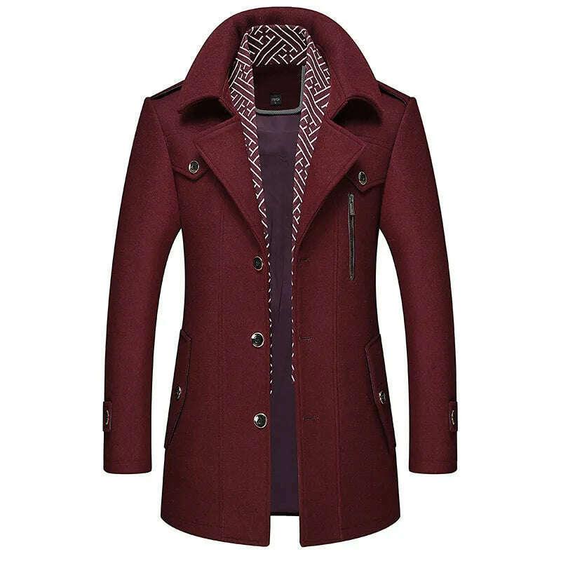 KIMLUD, Autumn Winter Mens Wool Trench Coats Fashion Middle Long Jacket Male Double Collar Zipper Coat Windbreak Woolen Overcoat, KIMLUD Womens Clothes