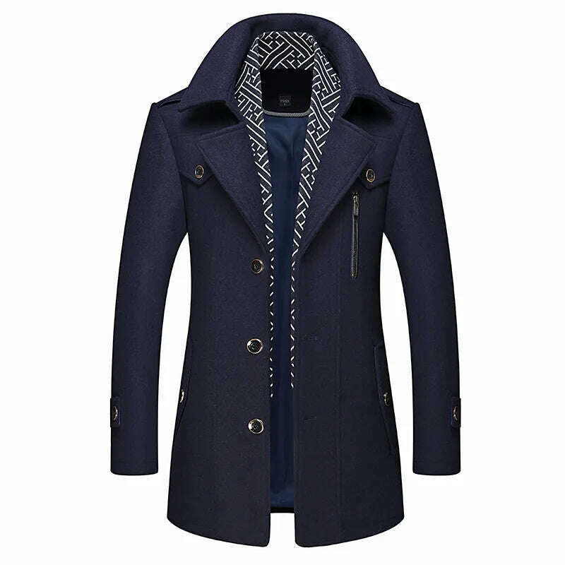 KIMLUD, Autumn Winter Mens Wool Trench Coats Fashion Middle Long Jacket Male Double Collar Zipper Coat Windbreak Woolen Overcoat, KIMLUD Womens Clothes
