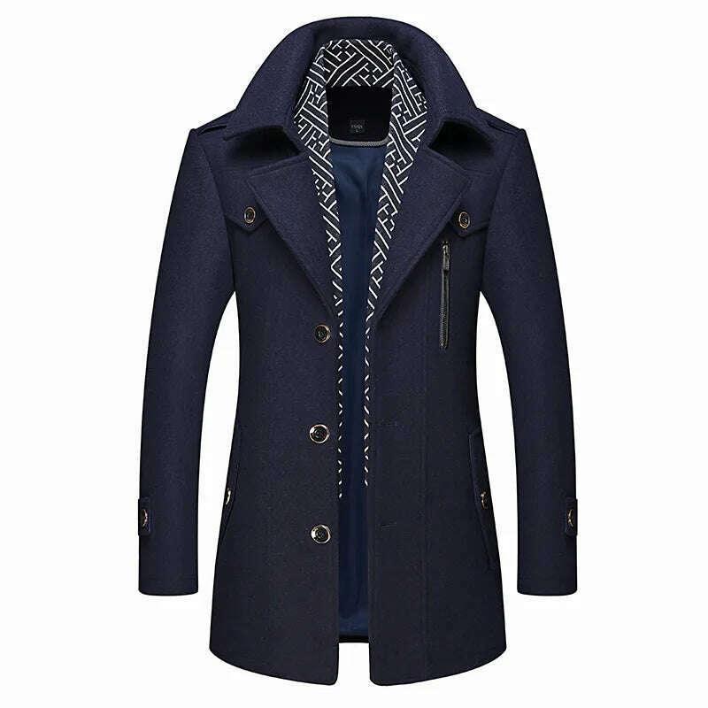 KIMLUD, Autumn Winter Mens Wool Trench Coats Fashion Middle Long Jacket Male Double Collar Zipper Coat Windbreak Woolen Overcoat, KIMLUD Womens Clothes