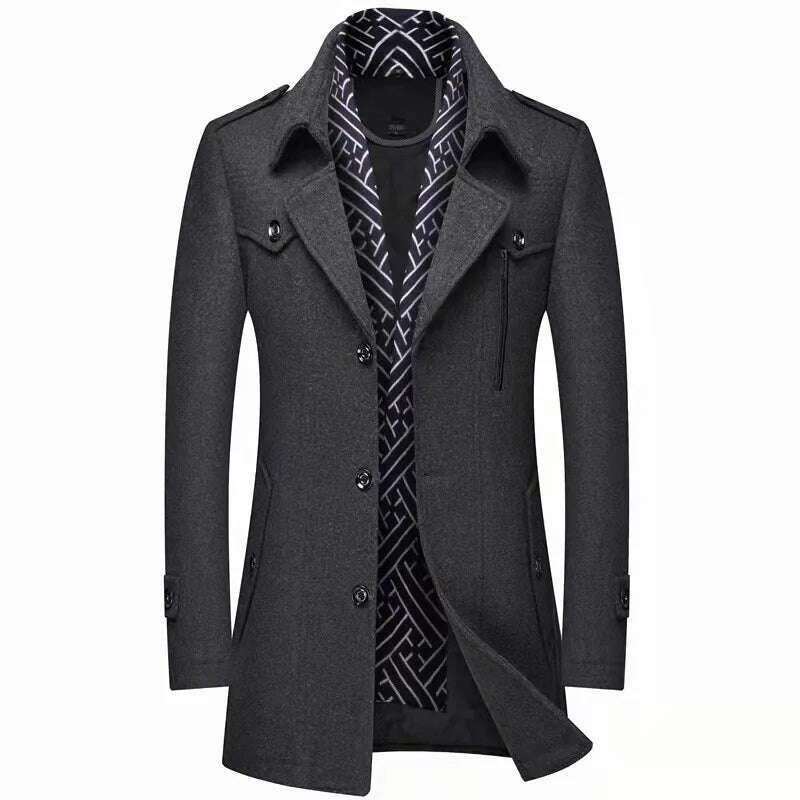 KIMLUD, Autumn Winter Mens Wool Trench Coats Fashion Middle Long Jacket Male Double Collar Zipper Coat Windbreak Woolen Overcoat, gray / M, KIMLUD Womens Clothes