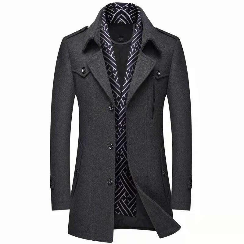 KIMLUD, Autumn Winter Mens Wool Trench Coats Fashion Middle Long Jacket Male Double Collar Zipper Coat Windbreak Woolen Overcoat, KIMLUD Womens Clothes