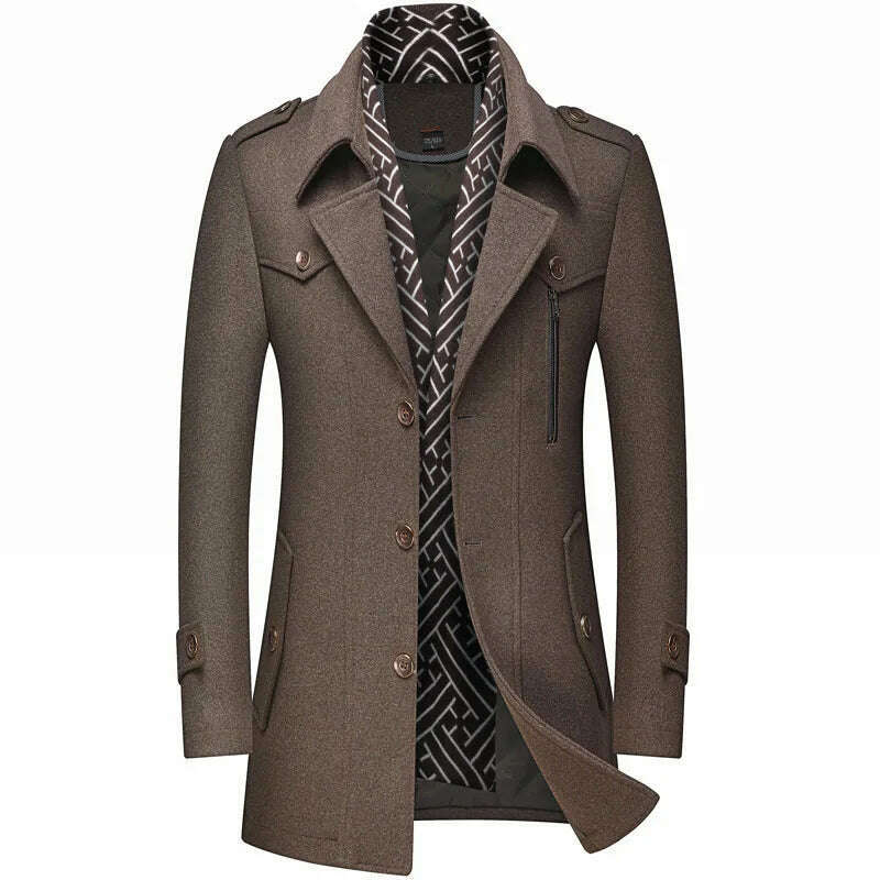 KIMLUD, Autumn Winter Mens Wool Trench Coats Fashion Middle Long Jacket Male Double Collar Zipper Coat Windbreak Woolen Overcoat, coffee / M, KIMLUD Womens Clothes