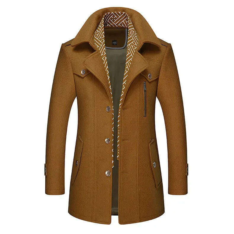 KIMLUD, Autumn Winter Mens Wool Trench Coats Fashion Middle Long Jacket Male Double Collar Zipper Coat Windbreak Woolen Overcoat, yellow / M, KIMLUD Womens Clothes