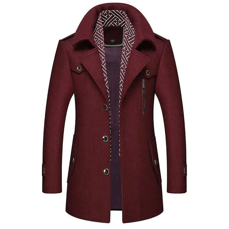 KIMLUD, Autumn Winter Mens Wool Trench Coats Fashion Middle Long Jacket Male Double Collar Zipper Coat Windbreak Woolen Overcoat, purple / M, KIMLUD Womens Clothes