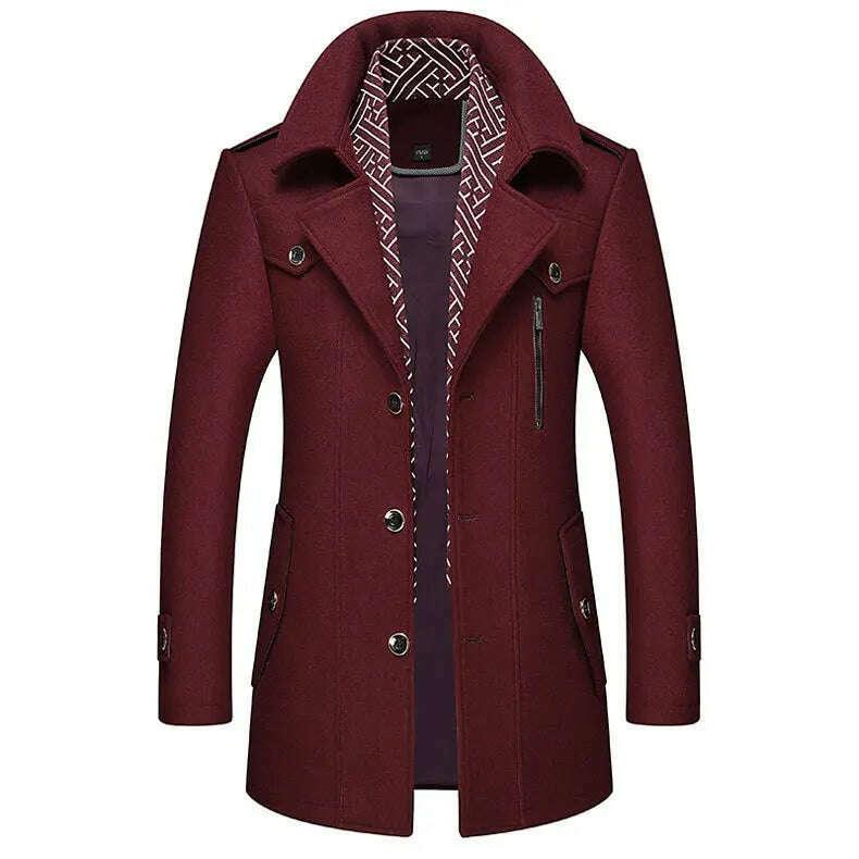 KIMLUD, Autumn Winter Mens Wool Trench Coats Fashion Middle Long Jacket Male Double Collar Zipper Coat Windbreak Woolen Overcoat, KIMLUD Womens Clothes
