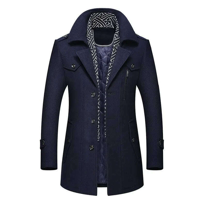 KIMLUD, Autumn Winter Mens Wool Trench Coats Fashion Middle Long Jacket Male Double Collar Zipper Coat Windbreak Woolen Overcoat, navy / M, KIMLUD Womens Clothes