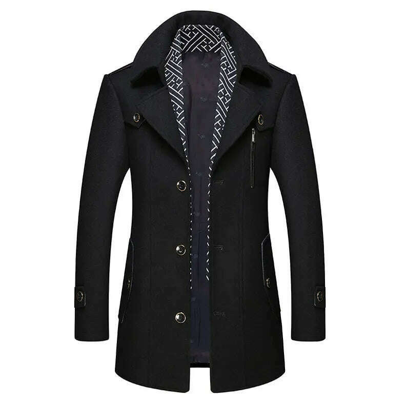 KIMLUD, Autumn Winter Mens Wool Trench Coats Fashion Middle Long Jacket Male Double Collar Zipper Coat Windbreak Woolen Overcoat, KIMLUD Womens Clothes