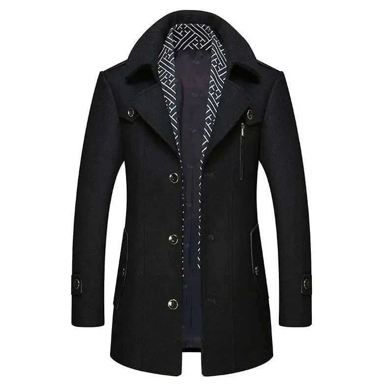 KIMLUD, Autumn Winter Mens Wool Trench Coats Fashion Middle Long Jacket Male Double Collar Zipper Coat Windbreak Woolen Overcoat, KIMLUD Womens Clothes