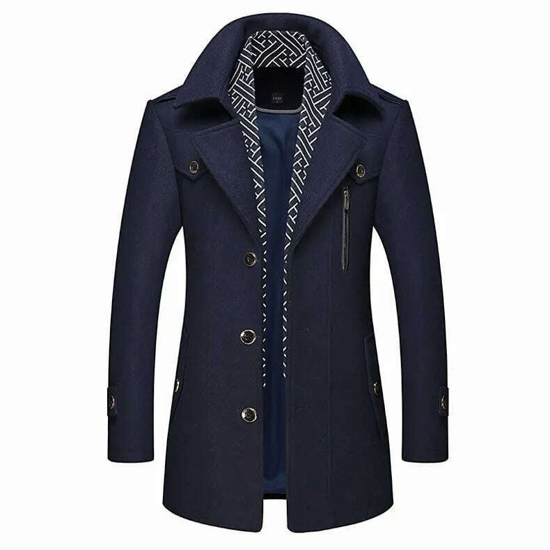 KIMLUD, Autumn Winter Mens Wool Trench Coats Fashion Middle Long Jacket Male Double Collar Zipper Coat Windbreak Woolen Overcoat, KIMLUD Womens Clothes