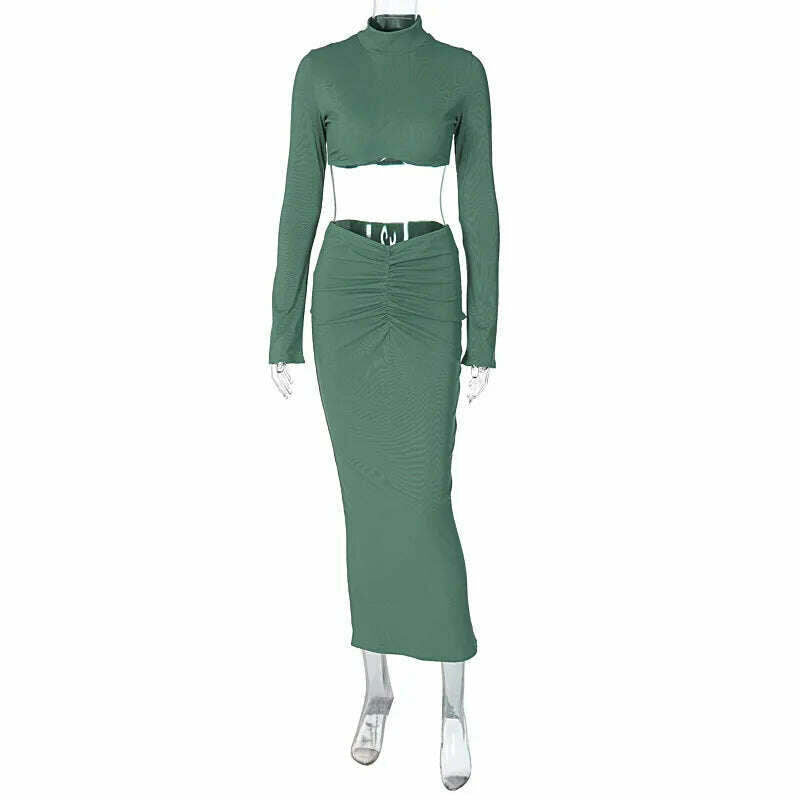 KIMLUD, Autumn Winter Ribbed Knit Long Sleeve Crop Top Shirt Bodycon Ruched Skirt Two Piece Matching Sets Women Streetwear Outfits 2023, B / S, KIMLUD Womens Clothes