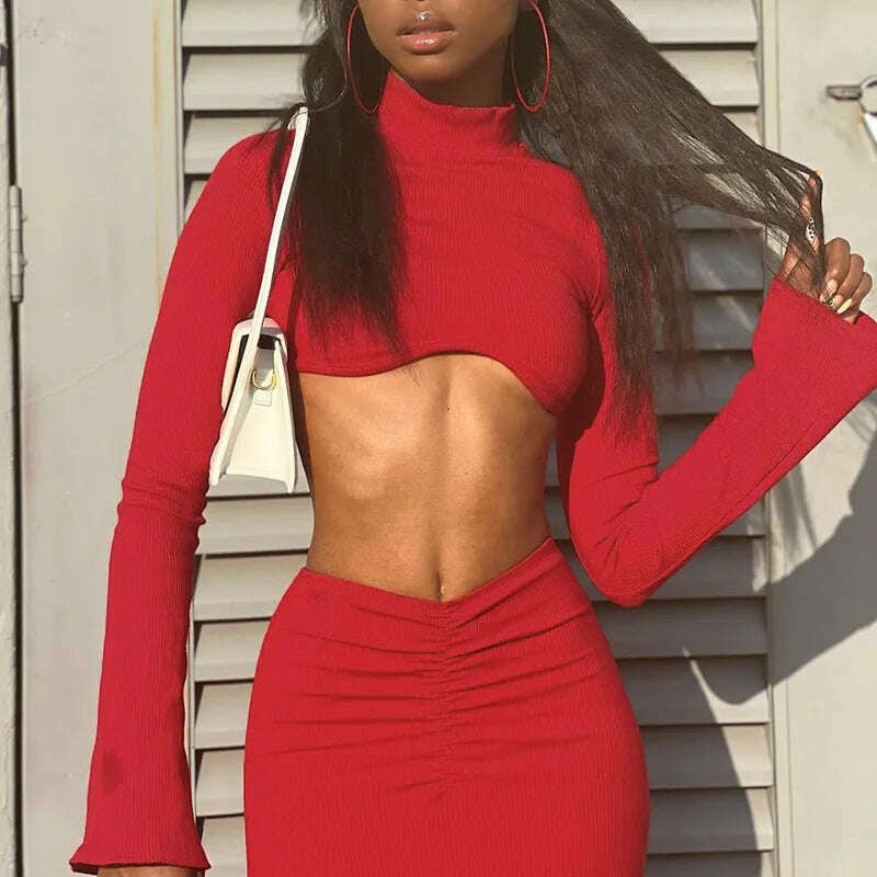 KIMLUD, Autumn Winter Ribbed Knit Long Sleeve Crop Top Shirt Bodycon Ruched Skirt Two Piece Matching Sets Women Streetwear Outfits 2023, KIMLUD Womens Clothes
