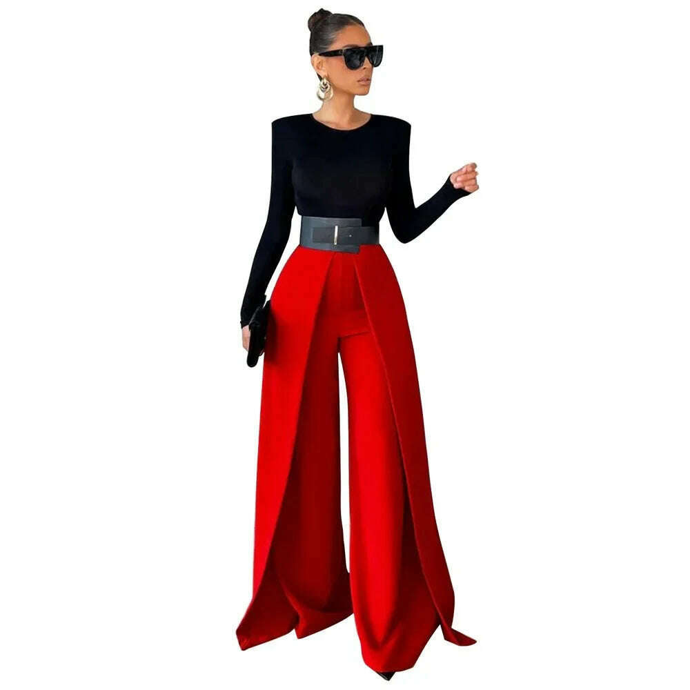 KIMLUD, Autumn Winter Solid Color Casual Wide Leg Pants Women Asymmetric Casual High Waisted Wide Leg Pants Floor Length for Women, red / L, KIMLUD APPAREL - Womens Clothes